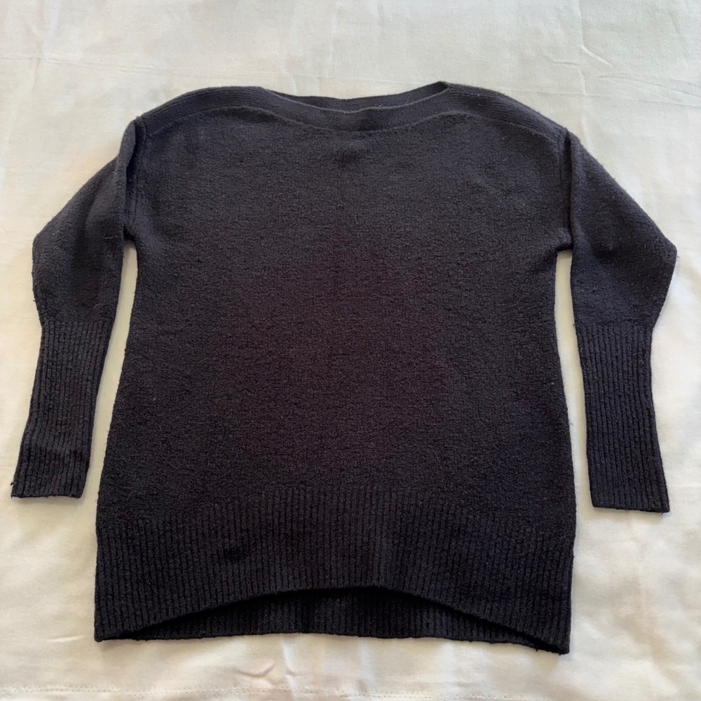 Anthropologie Black Merino Wool Knit Sweater Women's Small Boat Neck Fall Cozy